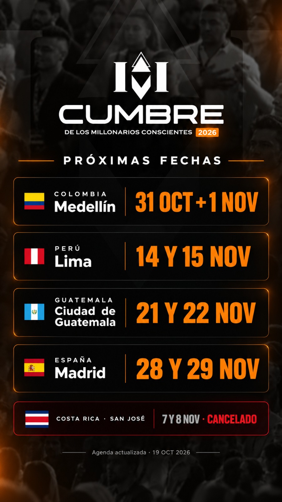 Cartel con las próximas fechas de la Cumbre de los Millonarios Conscientes 2026