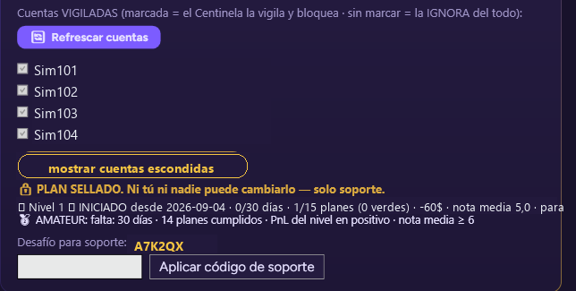Panel sellado: cuentas vigiladas, progreso de nivel y desafío para soporte